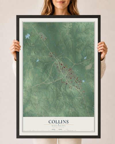 Map of Collins, Mississippi, 24 x 36 inch print in a black wood frame