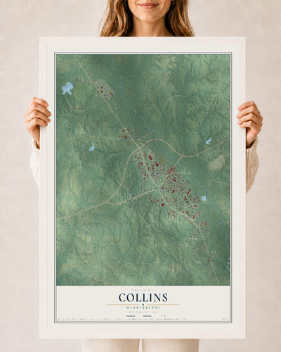 Map of Collins, Mississippi, 24 x 36 inch print in a white wood frame