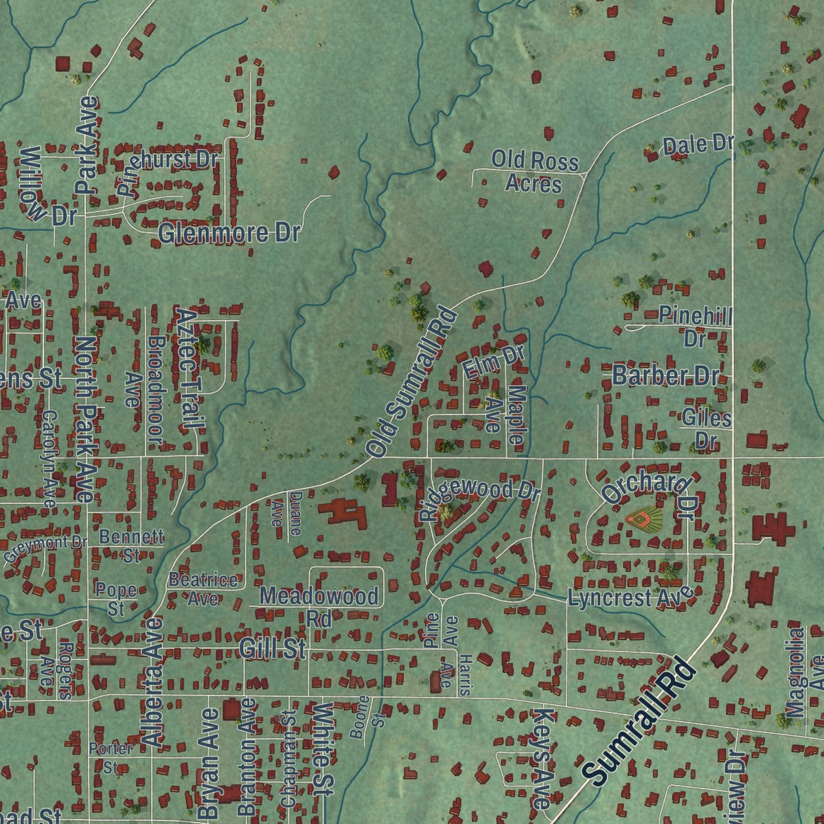 Close-up of the map of Columbia, Mississippi print showing street and building detail