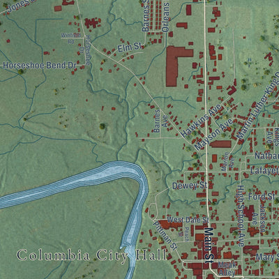 Second close-up of the map of Columbia, Mississippi print showing more streets and buildings