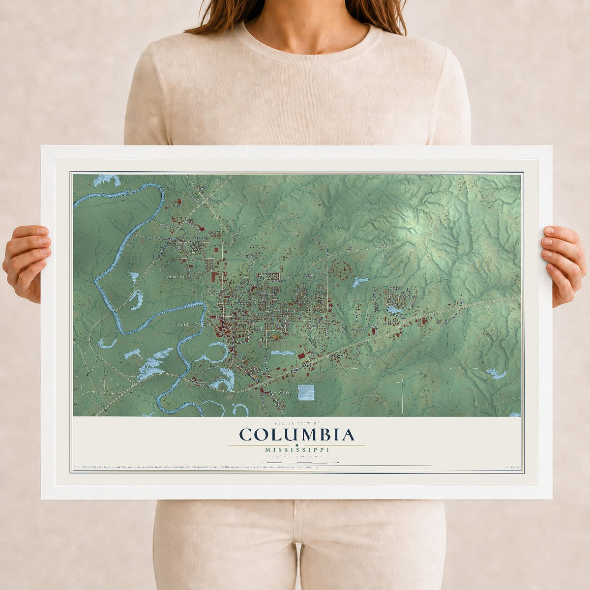 Map of Columbia, Mississippi, 12 x 18 inch print in a white wood frame