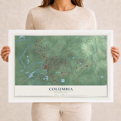 Map of Columbia, Mississippi, 12 x 18 inch print in a white wood frame
