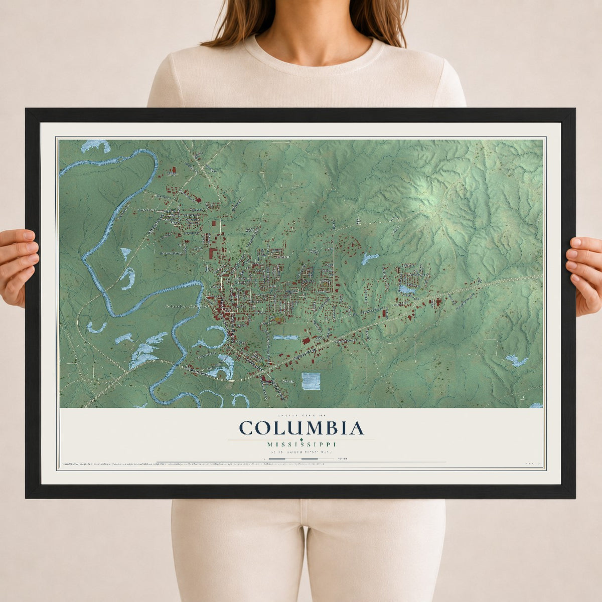 Map of Columbia, Mississippi, 18 x 24 inch print in a black wood frame