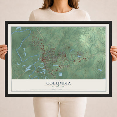 Map of Columbia, Mississippi, 18 x 24 inch print in a black wood frame