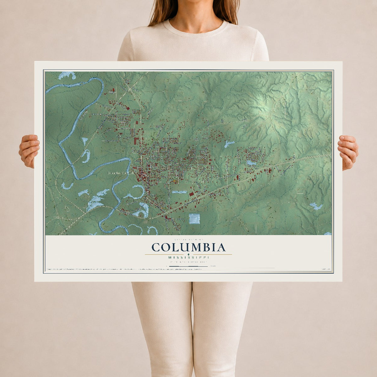 Map of Columbia, Mississippi, 24 x 36 inch unframed archival matte print