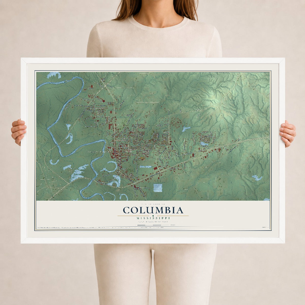 Map of Columbia, Mississippi, 24 x 36 inch print in a white wood frame