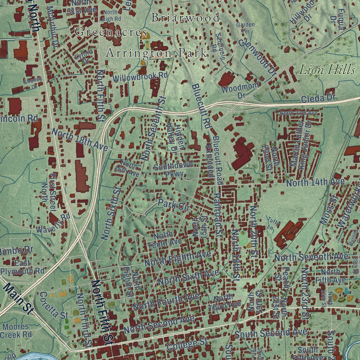 Close-up of the map of Columbus, Mississippi print showing street and building detail