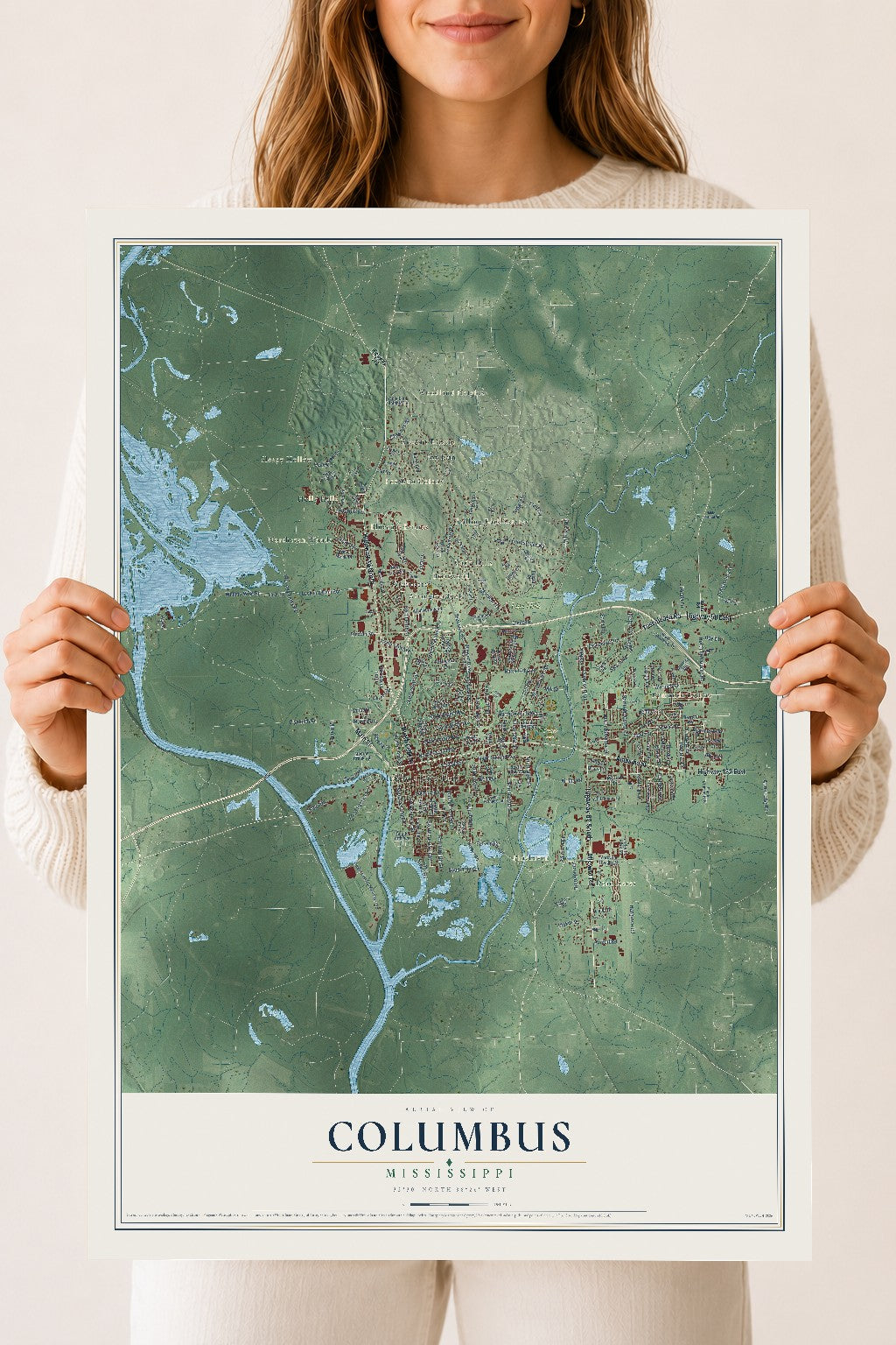 Map of Columbus, Mississippi, 18 x 24 inch unframed archival matte print