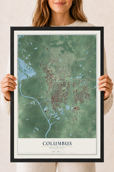 Map of Columbus, Mississippi, 18 x 24 inch print in a black wood frame