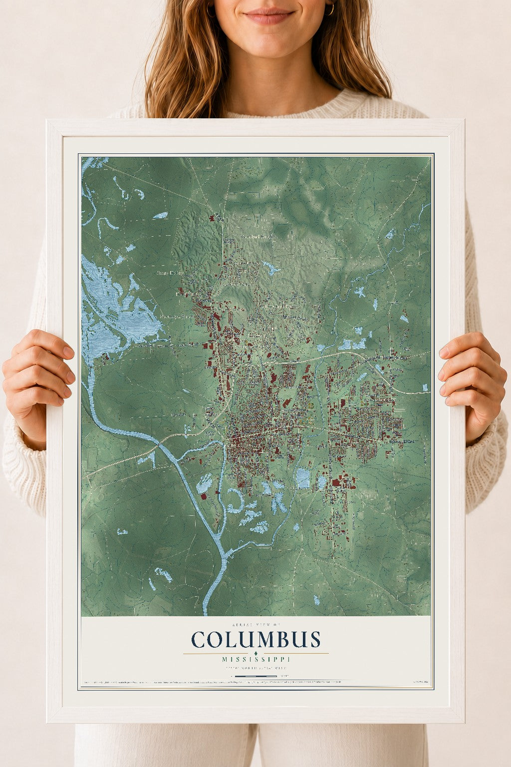 Map of Columbus, Mississippi, 18 x 24 inch print in a white wood frame