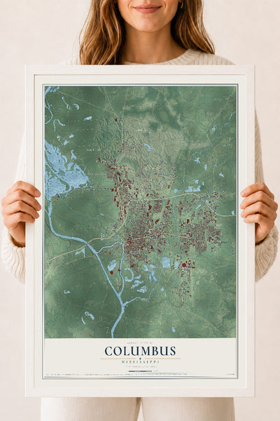 Map of Columbus, Mississippi, 18 x 24 inch print in a white wood frame