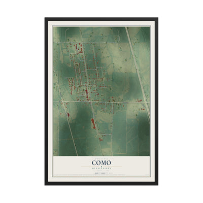 Map of Como, Mississippi, 12 x 18 inch print in a black wood frame