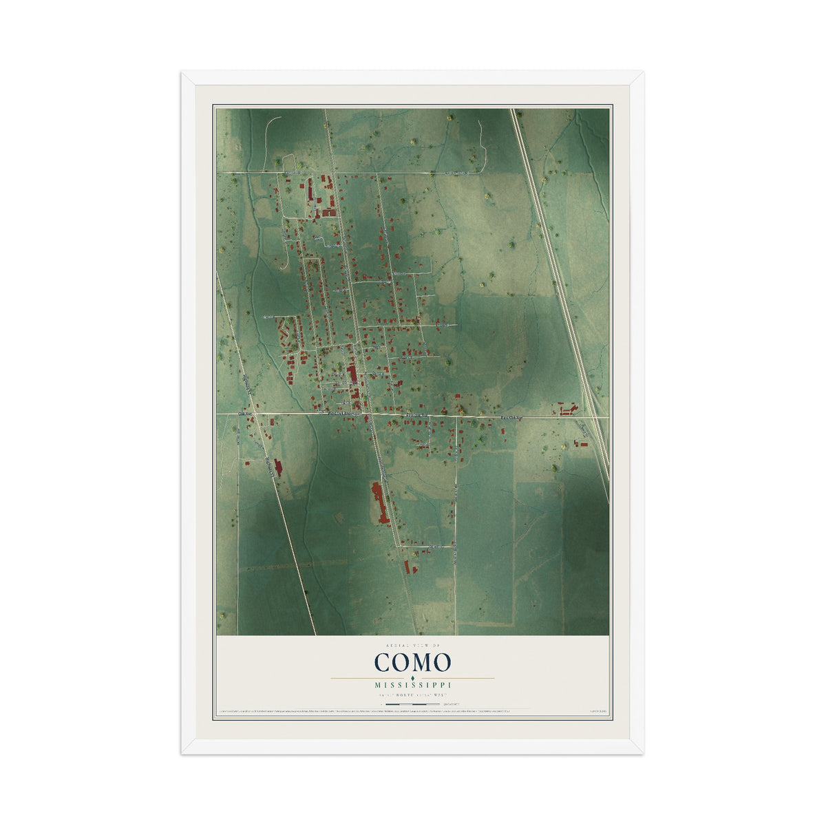 Map of Como, Mississippi, 12 x 18 inch print in a white wood frame