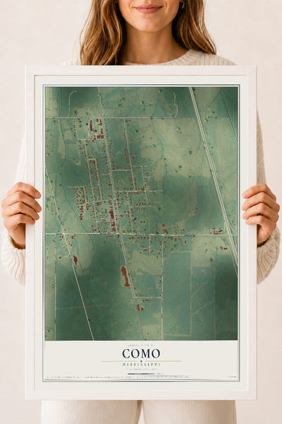 Map of Como, Mississippi, 18 x 24 inch print in a white wood frame