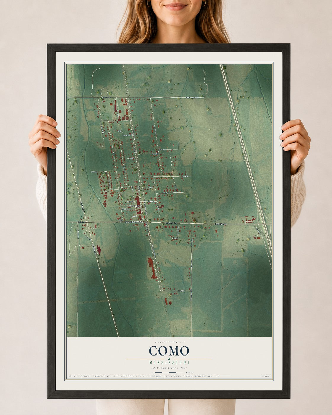Map of Como, Mississippi, 24 x 36 inch print in a black wood frame