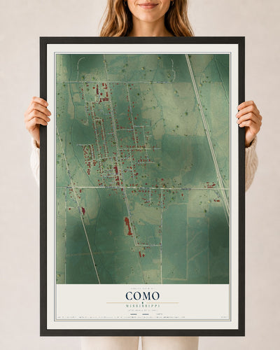 Map of Como, Mississippi, 24 x 36 inch print in a black wood frame
