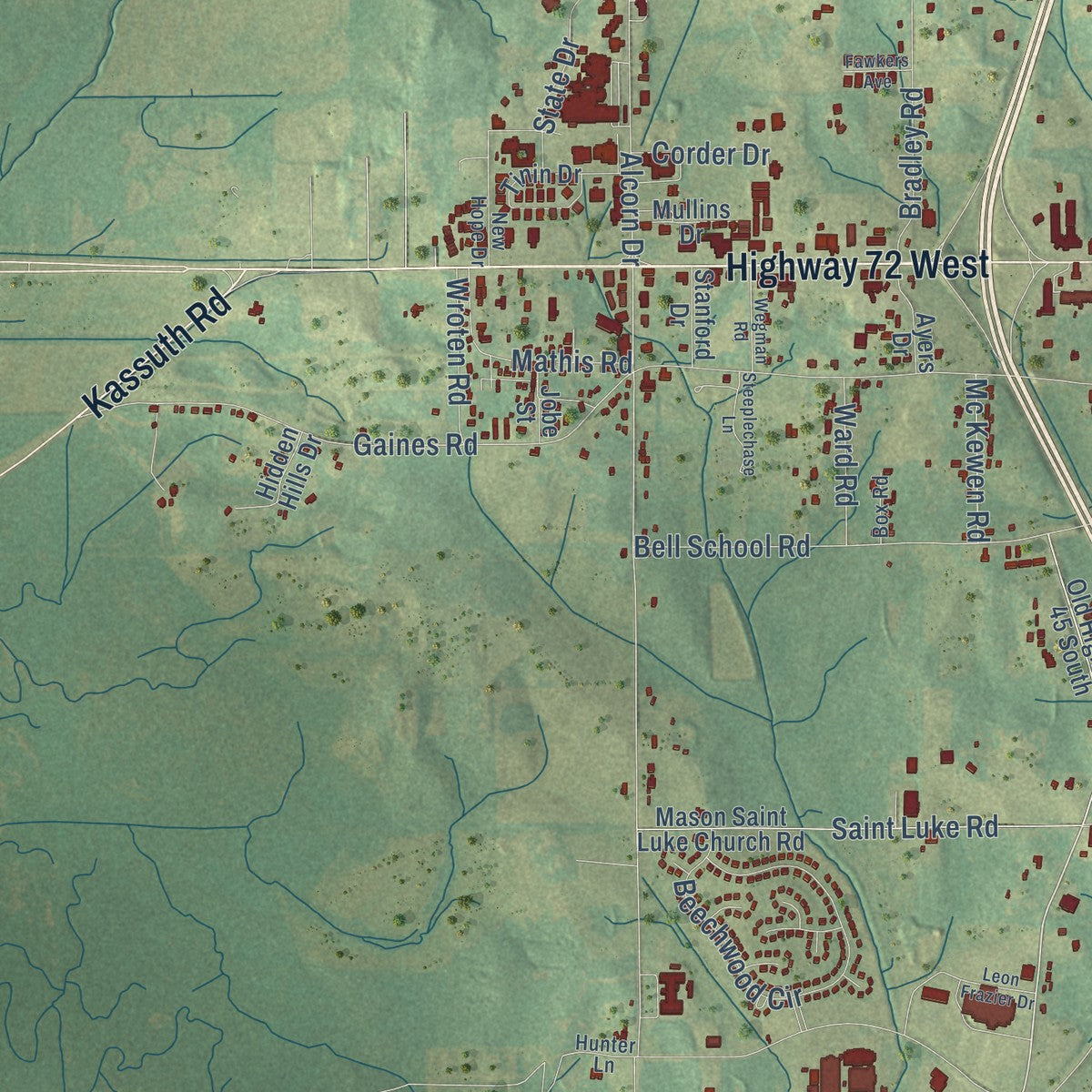 Second close-up of the map of Corinth, Mississippi print showing more streets and buildings