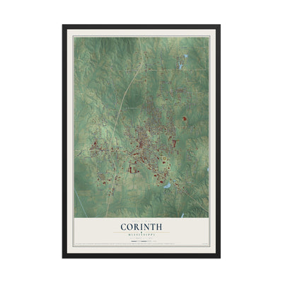 Map of Corinth, Mississippi, 12 x 18 inch print in a black wood frame