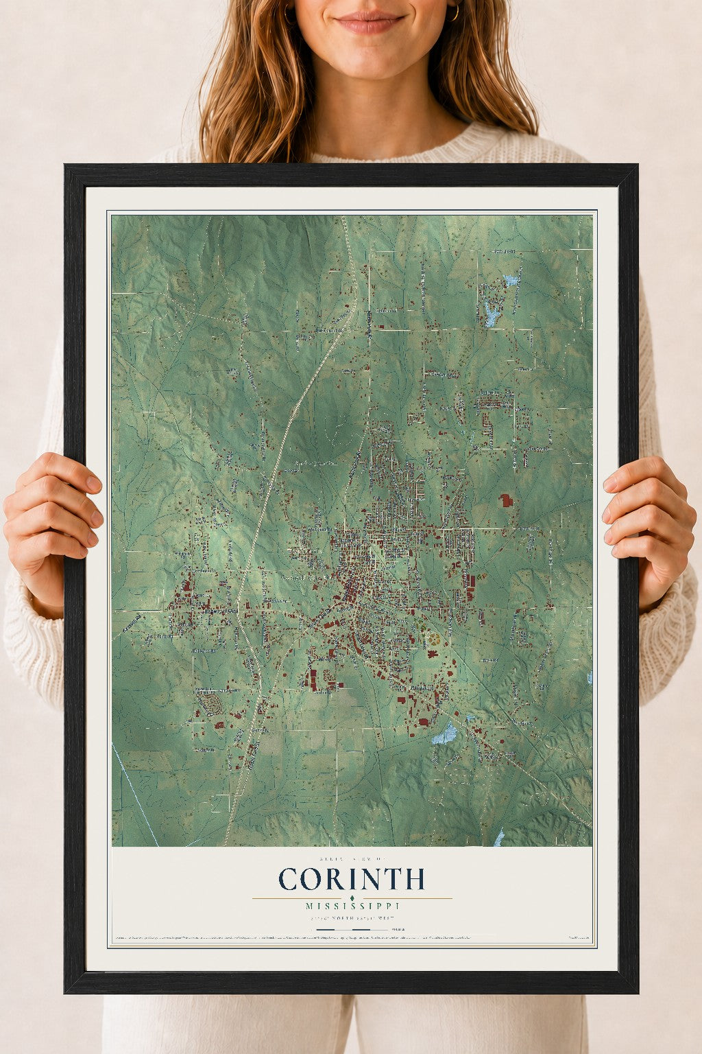 Map of Corinth, Mississippi, 18 x 24 inch print in a black wood frame