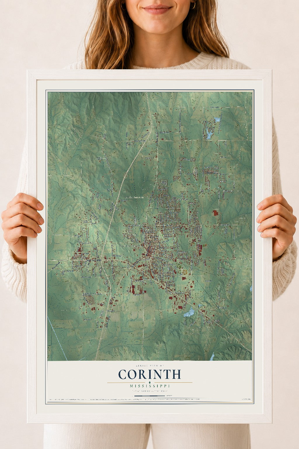 Map of Corinth, Mississippi, 18 x 24 inch print in a white wood frame