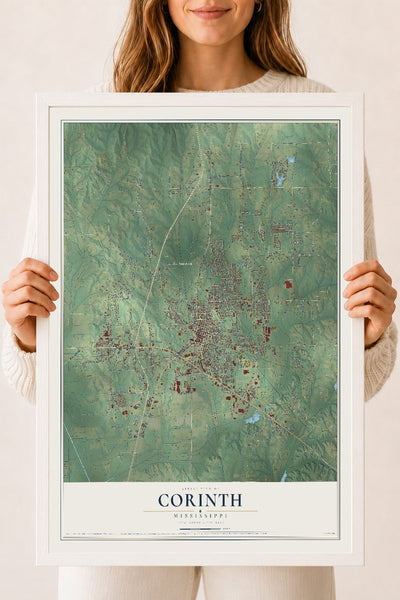 Map of Corinth, Mississippi, 18 x 24 inch print in a white wood frame