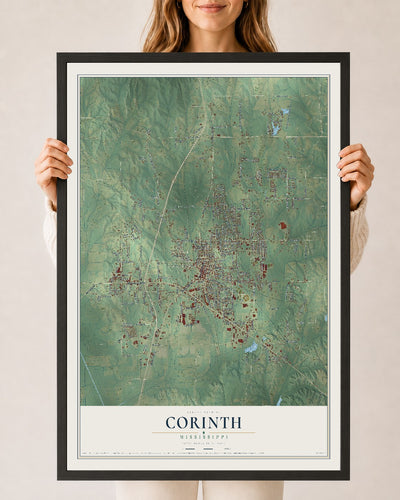 Map of Corinth, Mississippi, 24 x 36 inch print in a black wood frame