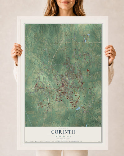Map of Corinth, Mississippi, 24 x 36 inch print in a white wood frame