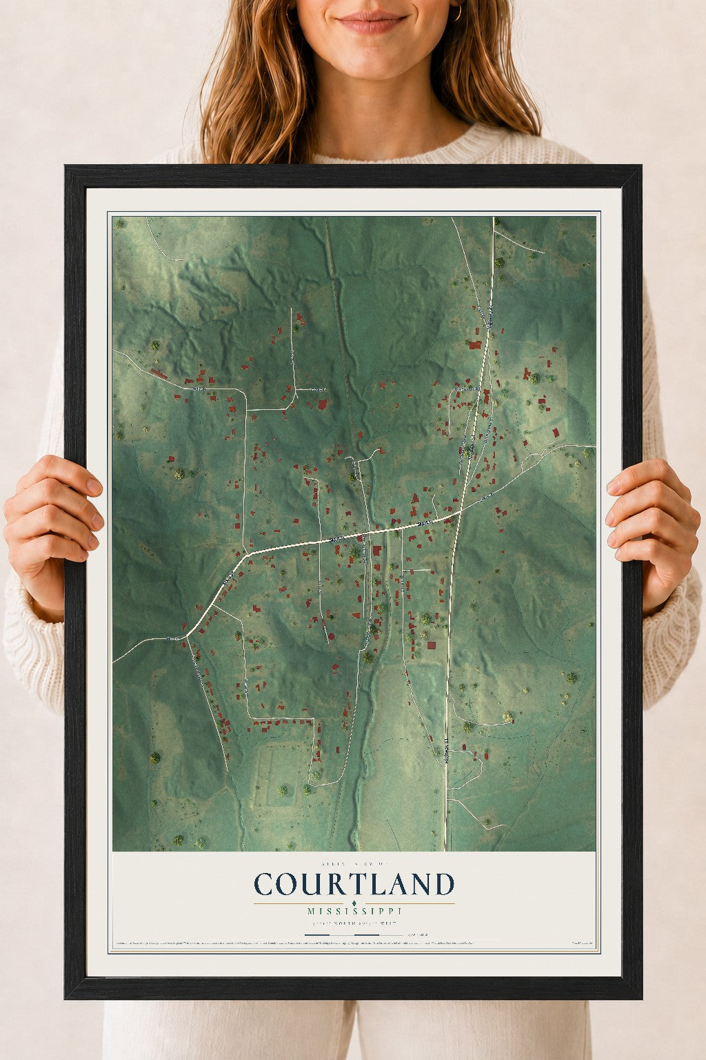 Map of Courtland, Mississippi, 18 x 24 inch print in a black wood frame