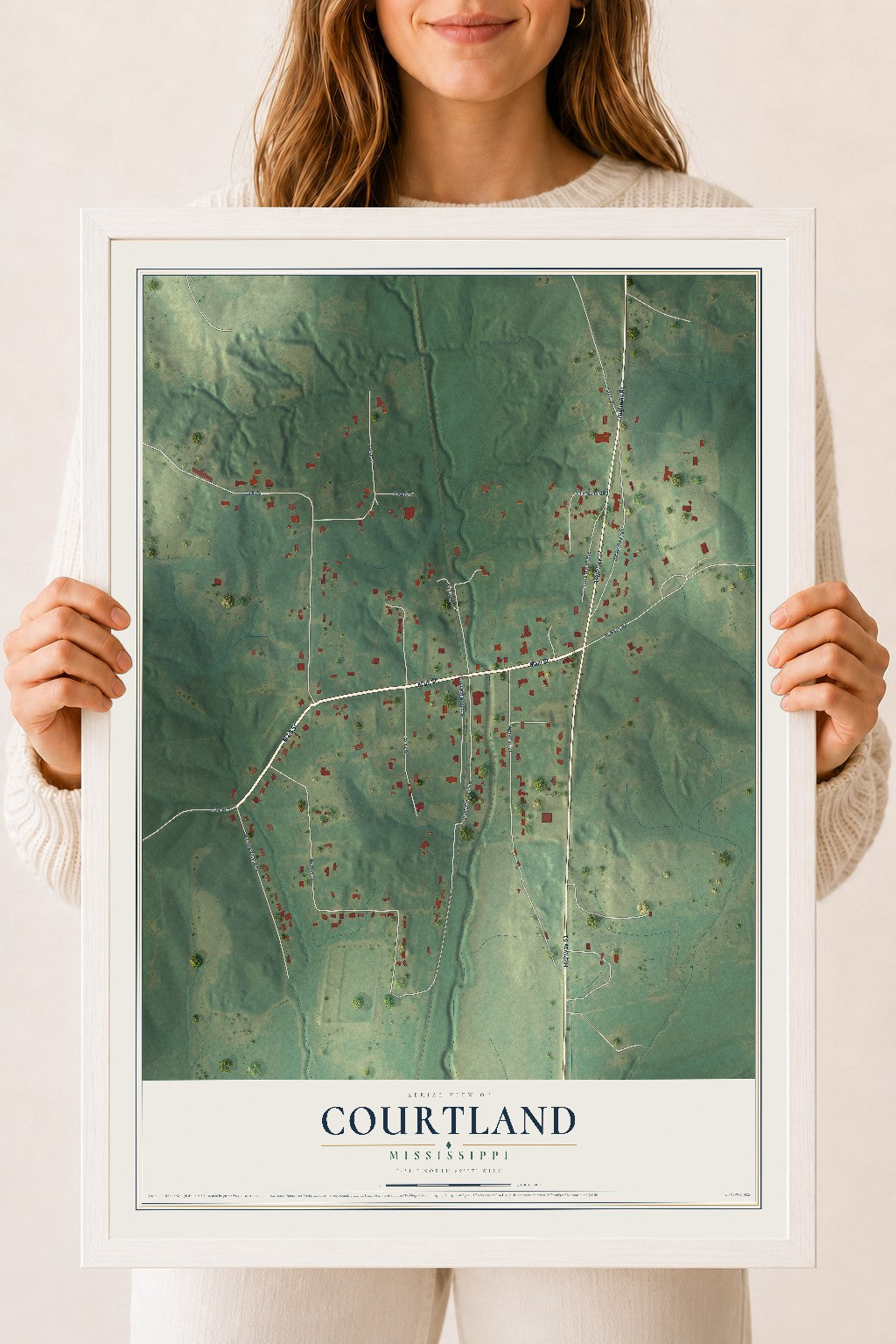 Map of Courtland, Mississippi, 18 x 24 inch print in a white wood frame