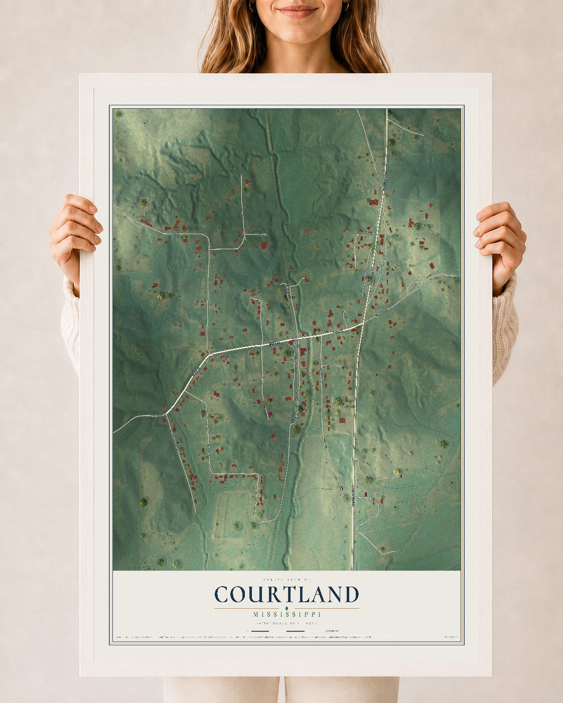 Map of Courtland, Mississippi, 24 x 36 inch print in a white wood frame