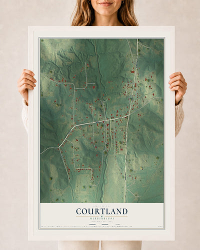 Map of Courtland, Mississippi, 24 x 36 inch print in a white wood frame