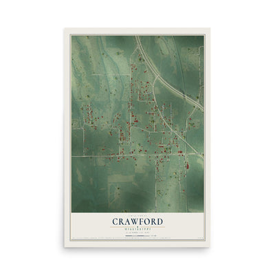 Map of Crawford, Mississippi, 12 x 18 inch unframed archival matte print