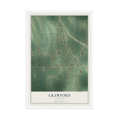 Map of Crawford, Mississippi, 12 x 18 inch print in a white wood frame