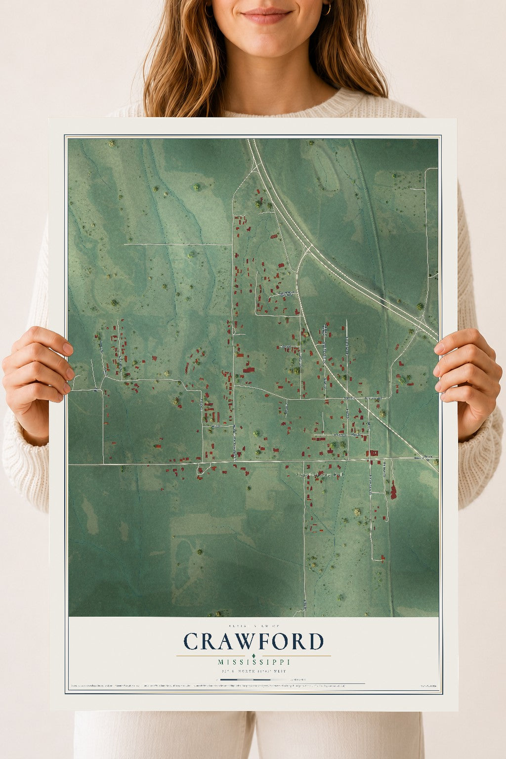 Map of Crawford, Mississippi, 18 x 24 inch unframed archival matte print