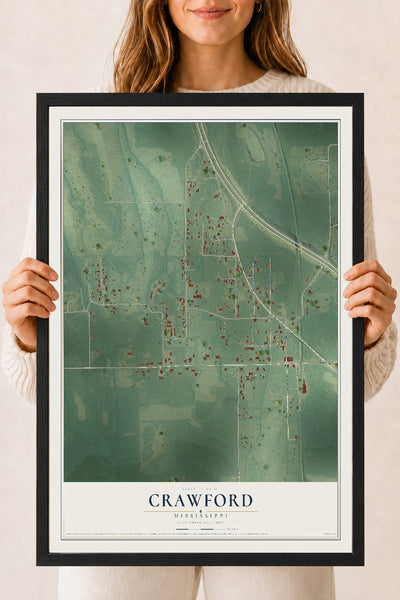 Map of Crawford, Mississippi, 18 x 24 inch print in a black wood frame