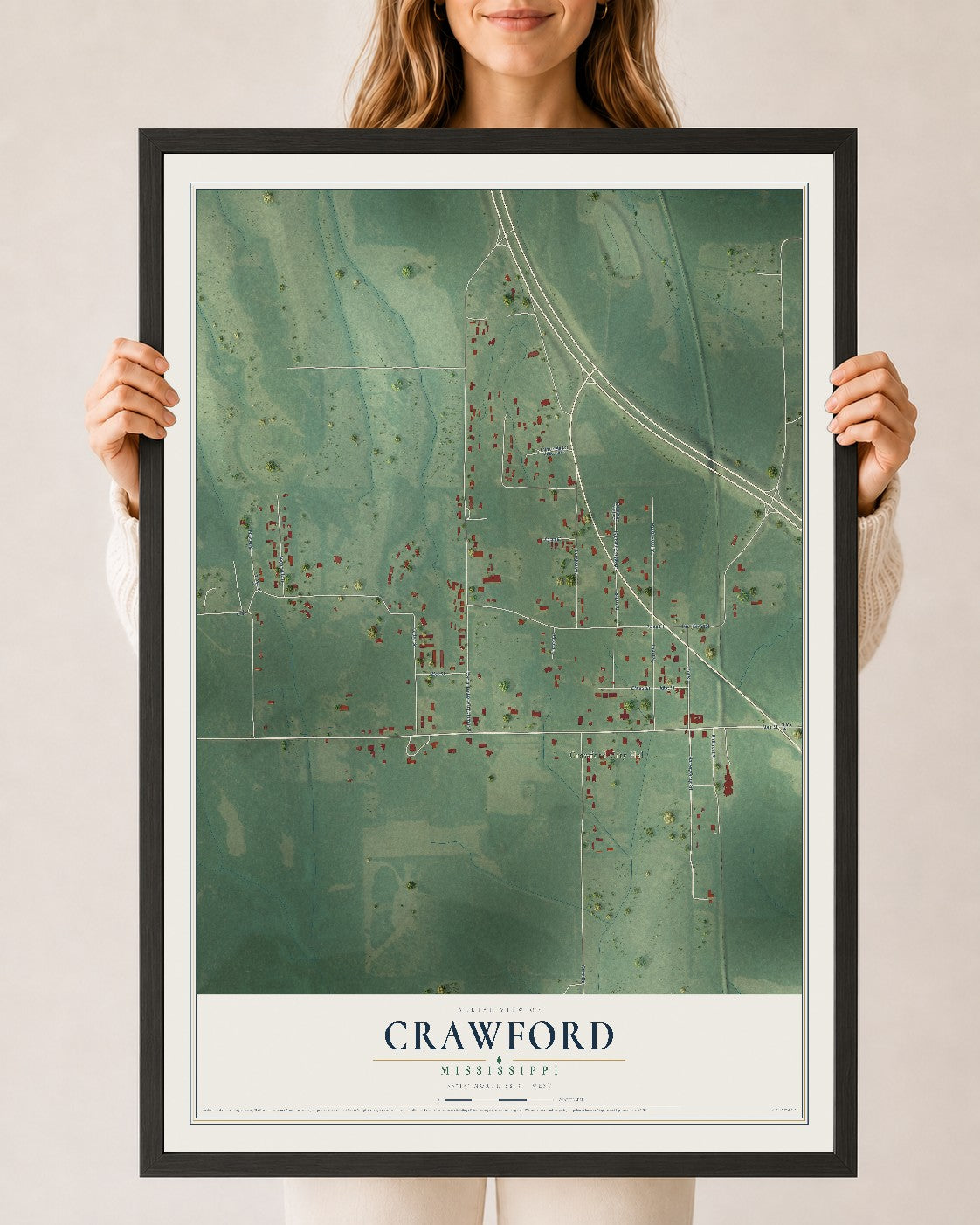 Map of Crawford, Mississippi, 24 x 36 inch print in a black wood frame