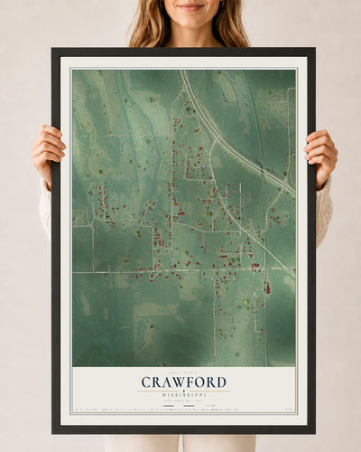 Map of Crawford, Mississippi, 24 x 36 inch print in a black wood frame