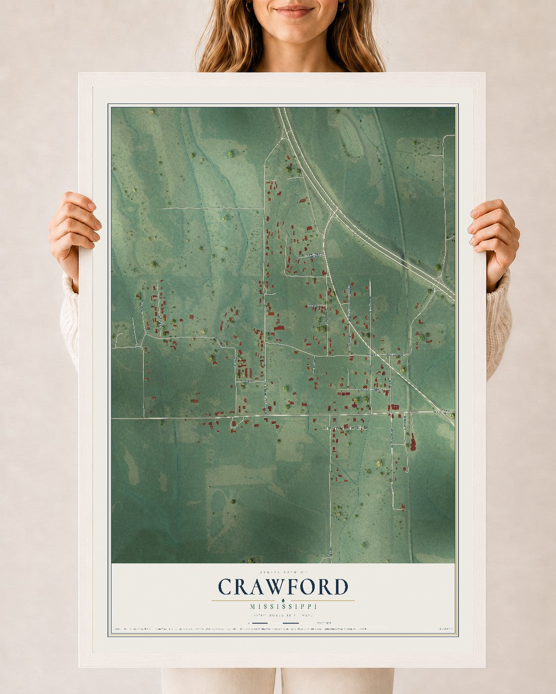 Map of Crawford, Mississippi, 24 x 36 inch print in a white wood frame