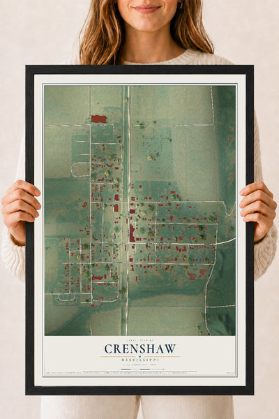 Map of Crenshaw, Mississippi, 18 x 24 inch print in a black wood frame