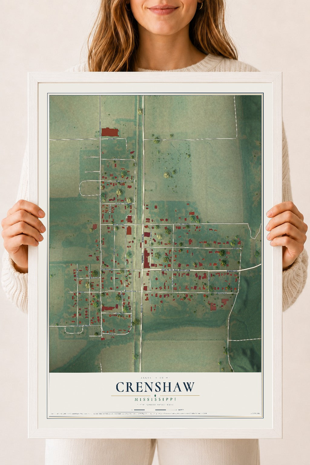 Map of Crenshaw, Mississippi, 18 x 24 inch print in a white wood frame