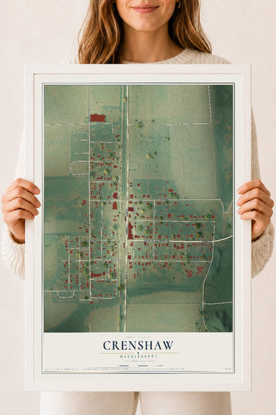 Map of Crenshaw, Mississippi, 18 x 24 inch print in a white wood frame