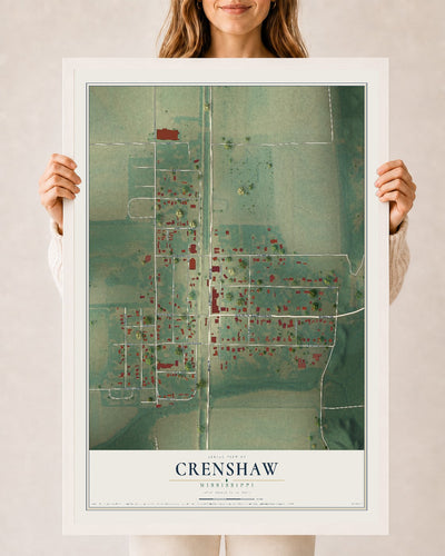 Map of Crenshaw, Mississippi, 24 x 36 inch print in a white wood frame