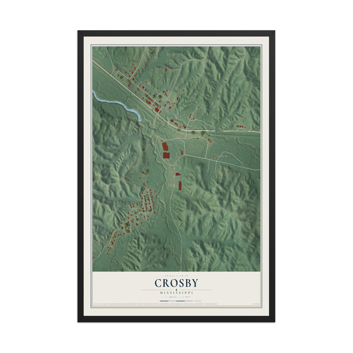 Map of Crosby, Mississippi, 12 x 18 inch print in a black wood frame