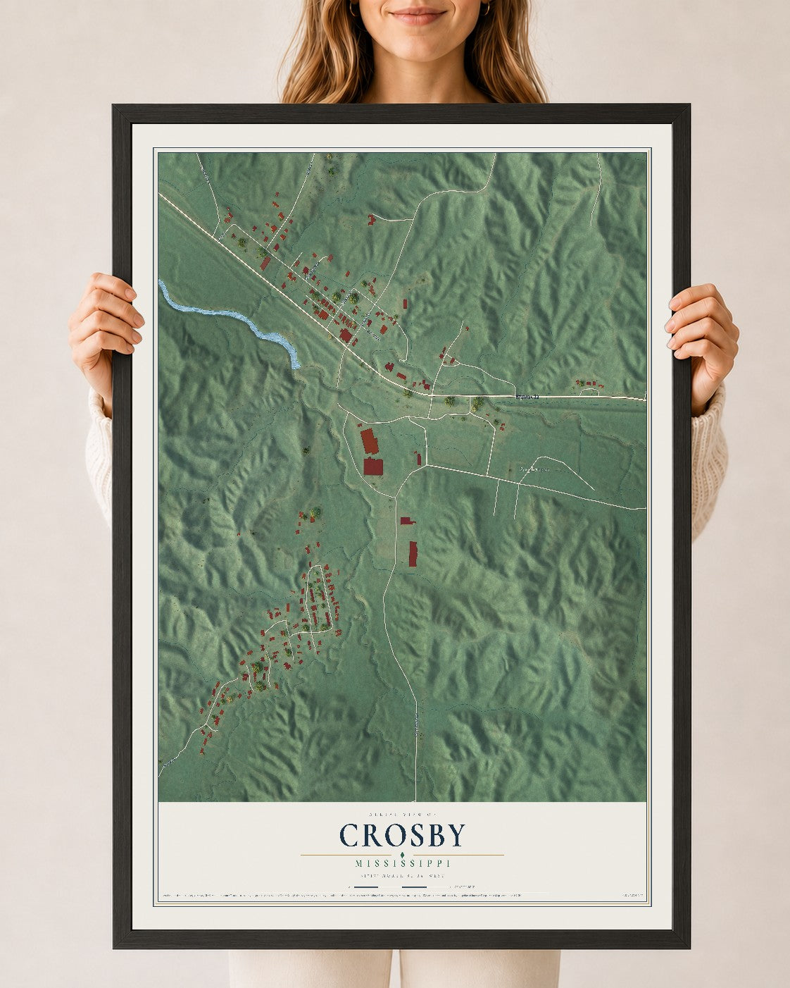 Map of Crosby, Mississippi, 24 x 36 inch print in a black wood frame