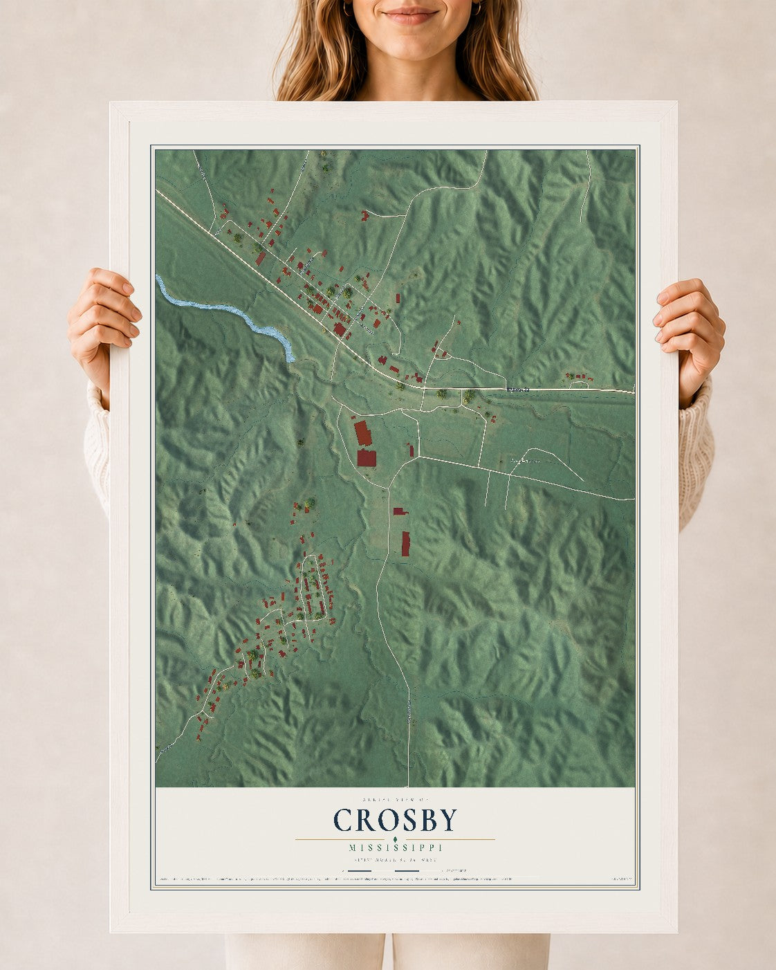 Map of Crosby, Mississippi, 24 x 36 inch print in a white wood frame