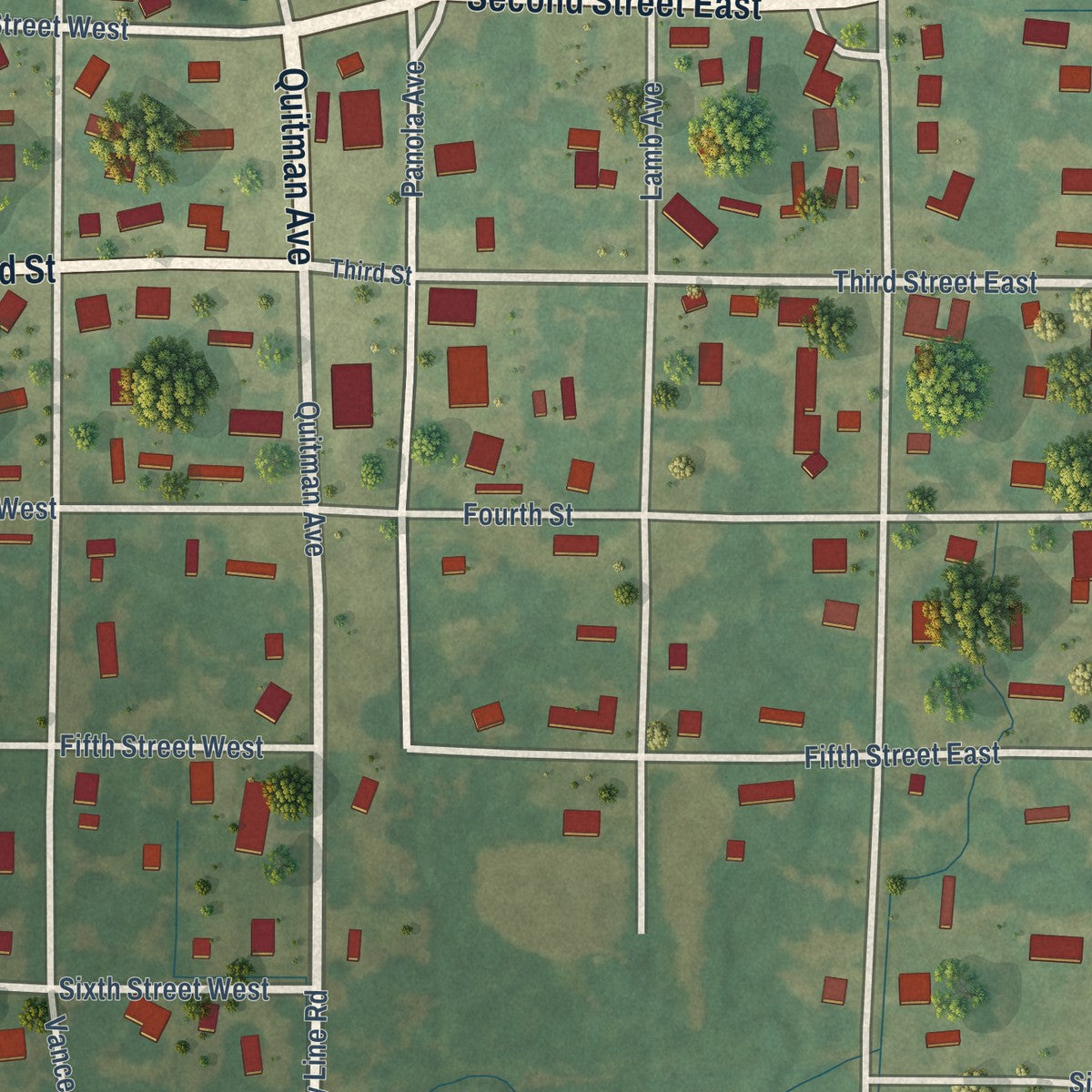 Close-up of the map of Crowder, Mississippi print showing street and building detail