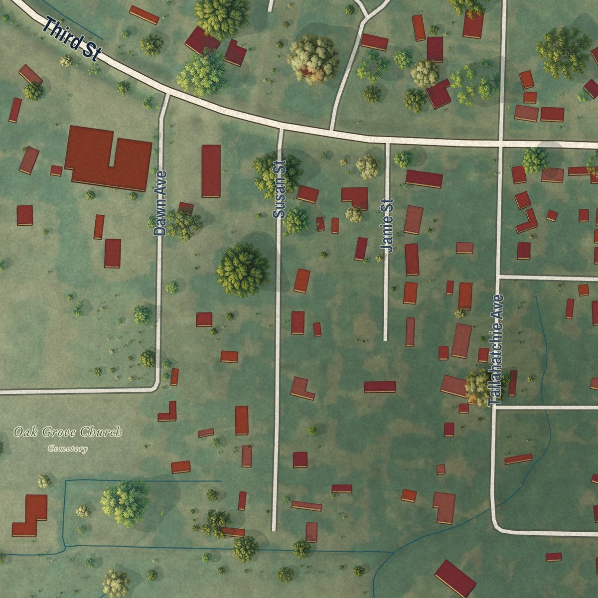 Second close-up of the map of Crowder, Mississippi print showing more streets and buildings