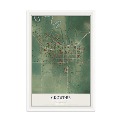 Map of Crowder, Mississippi, 12 x 18 inch print in a white wood frame