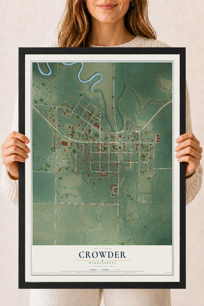 Map of Crowder, Mississippi, 18 x 24 inch print in a black wood frame