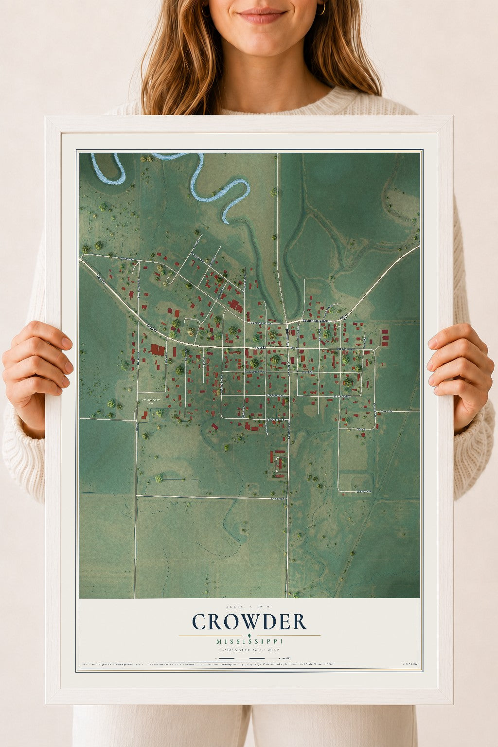 Map of Crowder, Mississippi, 18 x 24 inch print in a white wood frame